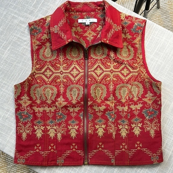 Cabi red and gold tapestry zip front vest SZ M - Picture 1 of 8